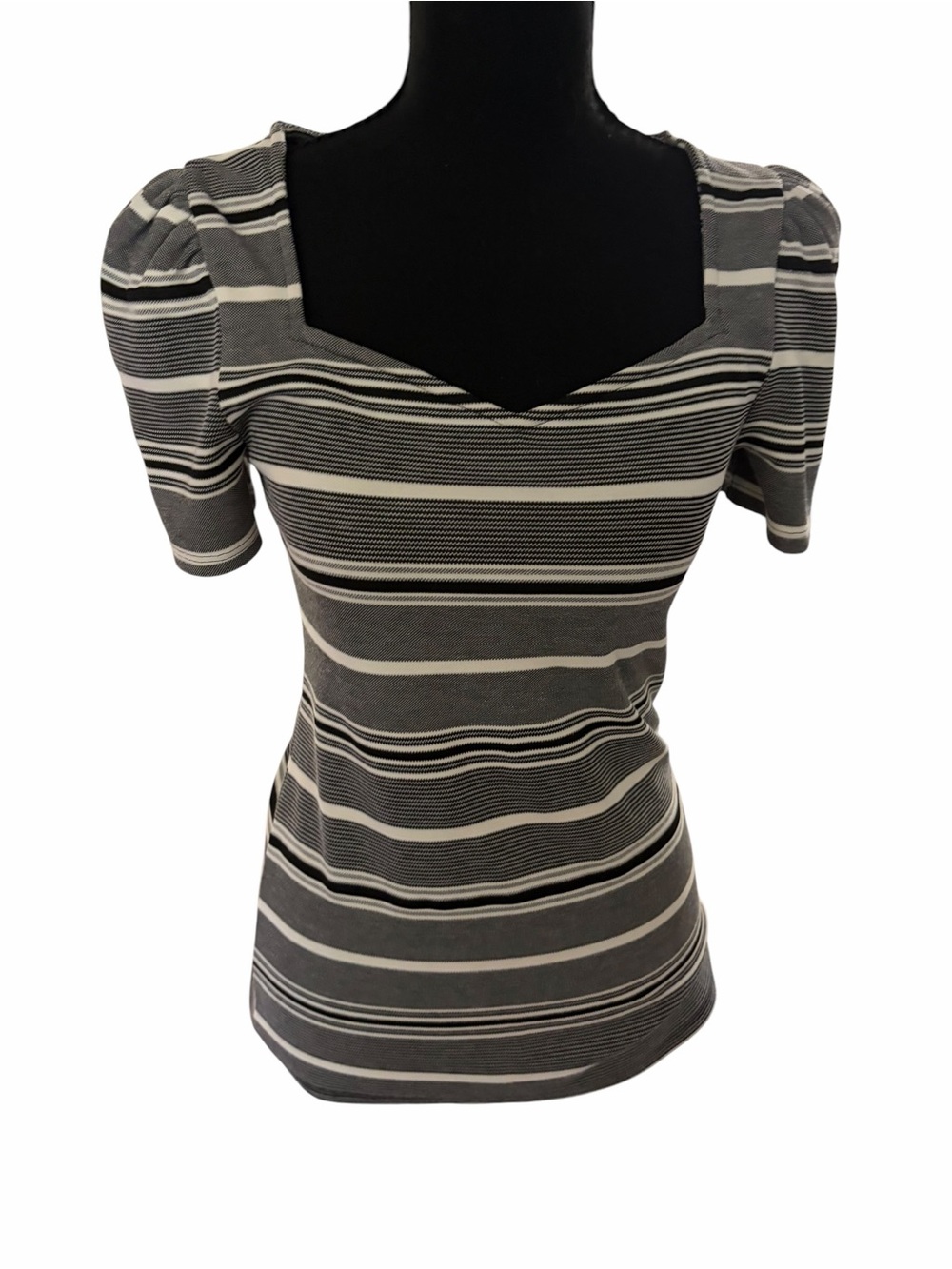 Express Striped Square-Neck Short Sleeve Top - Gray & White